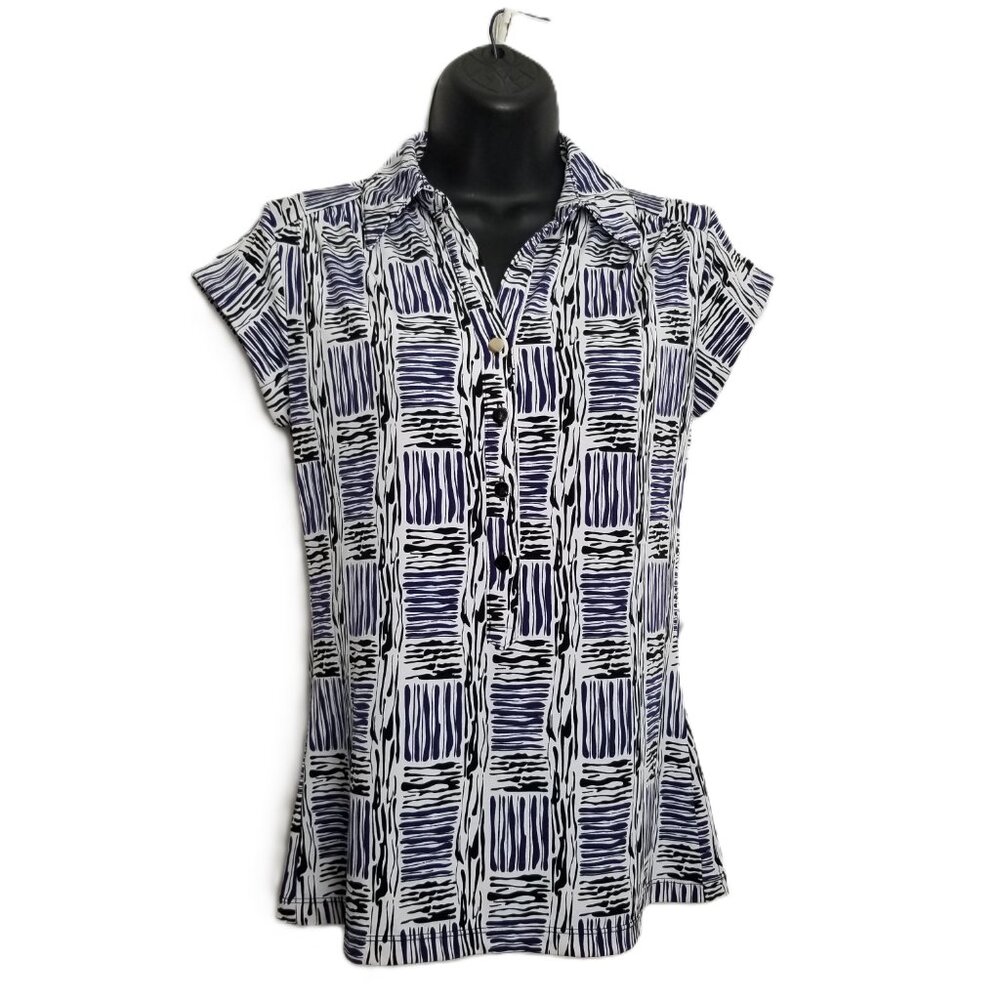 Alfani Womens Small Navy White Abstract Print Button Front Cap Sleeve Blouse
